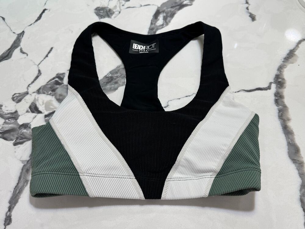 Beach Riot Ribbed Sport Bra Colorblock Green Black White XS extra small